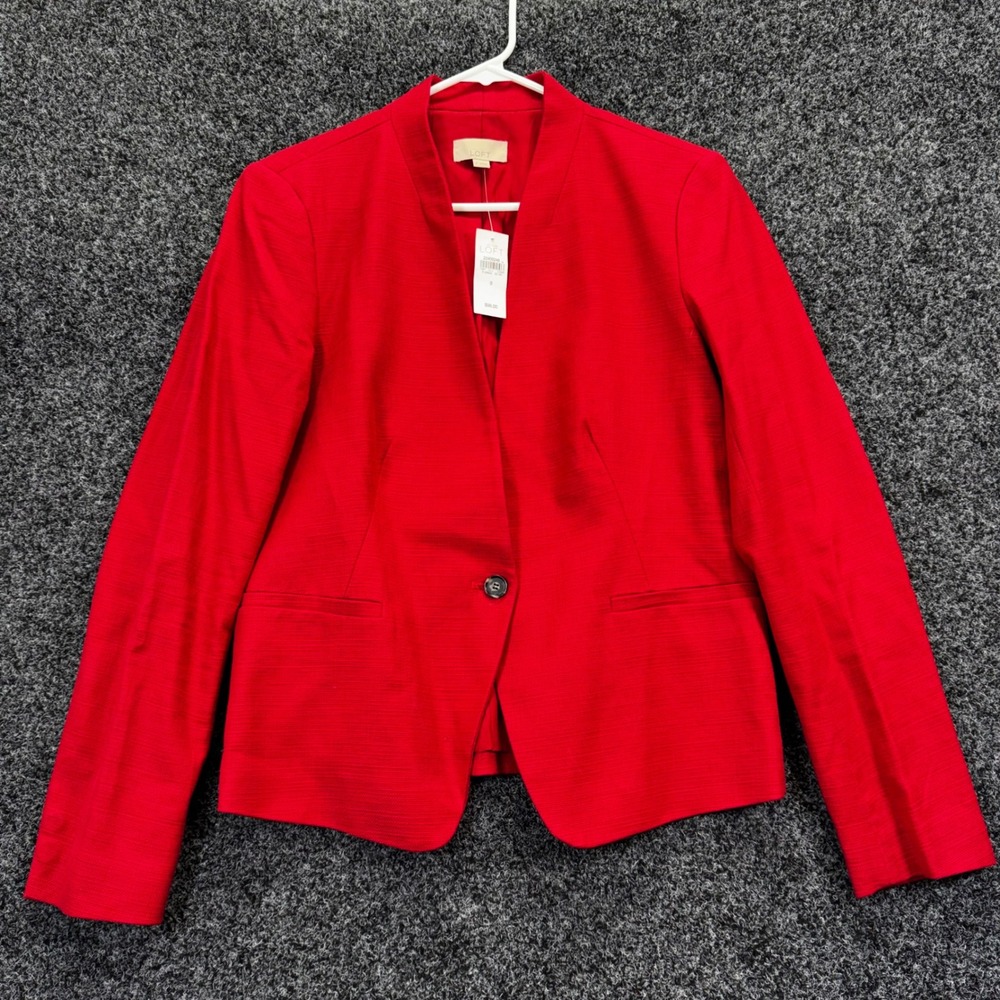 Ann Taylor Loft Women Red Textured Single Button Collarless Blazer Jacket Size 8